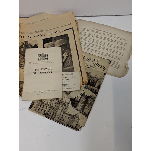 306 - Printed ephemera from 1930s and 1950s to include details about the Queens Coronation, a leaflet abou... 