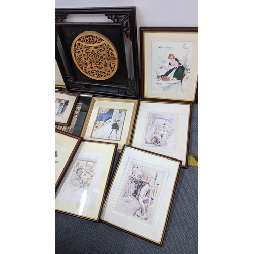 99 - Mixed pictures to include erotic prints, Chinese pierced carved panel and others Location:A1F