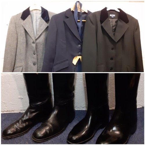 118 - Three ladies show-jumping jackets and 2 pairs of riding boots to include a black Dublin jacket Europ... 