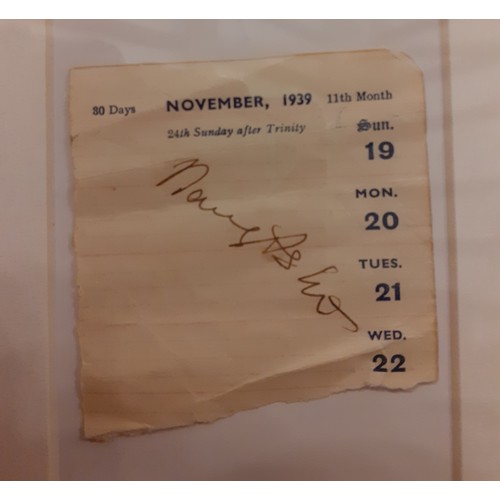 87 - Nancy Astor-A November 1939 autograph on a diary entry page, framed. Location:R2.1