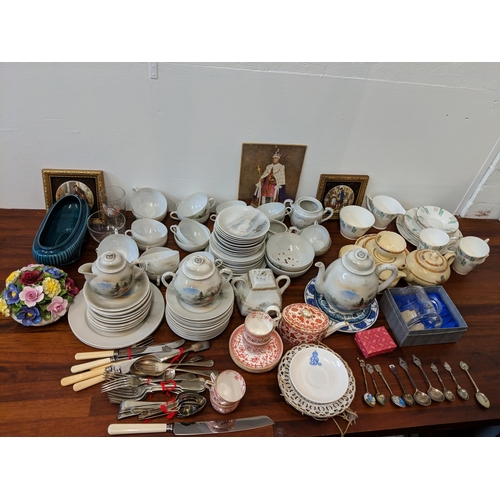 360 - A mixed lot of china, ceramics and glassware to include part tea sets, Noritake, Osborne, Royal crys... 