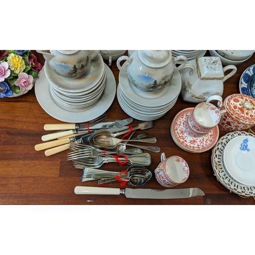 360 - A mixed lot of china, ceramics and glassware to include part tea sets, Noritake, Osborne, Royal crys... 