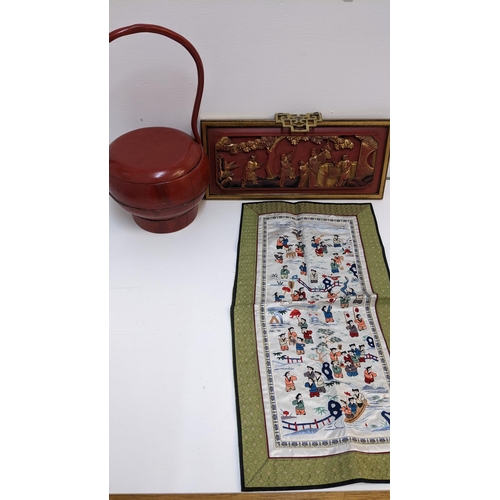 380 - Modern Chinese collectables to include a carved panel, a red lacquered wooden pot and cover and an e... 