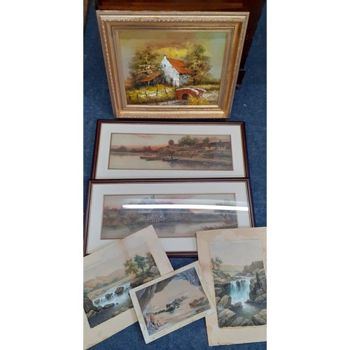 362 - A quantity of late 19th and 20th Century watercolours and oils to include a frameless oil on board o... 