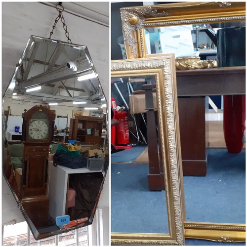 389 - Two modern large gold painted wall mirrors together with a 1920's frameless mirror. Location:RWB