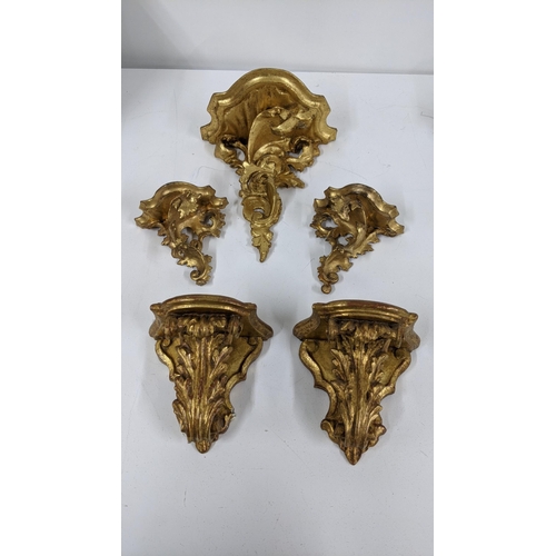 101 - Mid 20th century gilt wood carved, ornate wall brackets to include four various sizes, Location:A4B