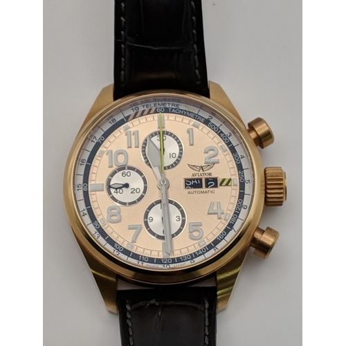 131 - An Aviator automatic gents stainless steel chronograph wristwatch with a gold dial, subsidiary secon... 