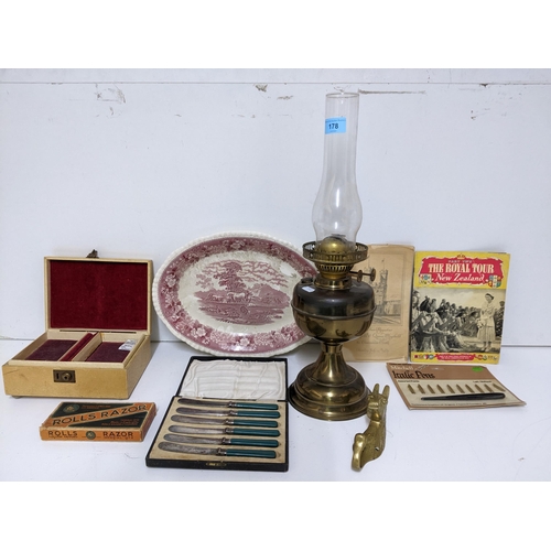 178 - A mixed lot to include a Duplex brass oil lamp with glass smoke funnel, Adams pottery meat plate, je... 