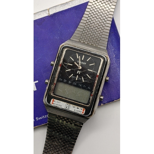 19 - A vintage Tissot F1 digital analogue gents stainless steel wristwatch, calibre 2045 with instruction... 