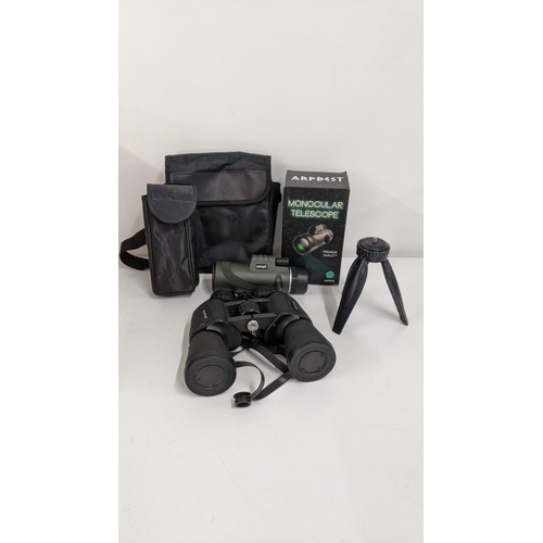 209 - Cased Beantlee binoculars 20 x 50 and Arpbest Monocular telescope with tripod & iphone holder, Locat... 