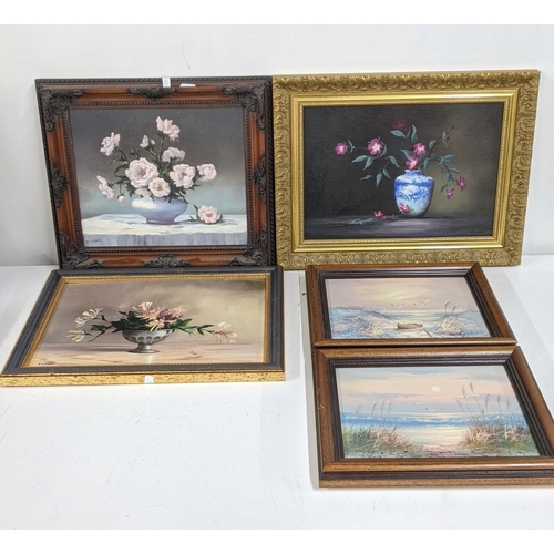 217 - Mixed oil paintings to include three still life oil on board paintings depicting flowers in a vase, ... 