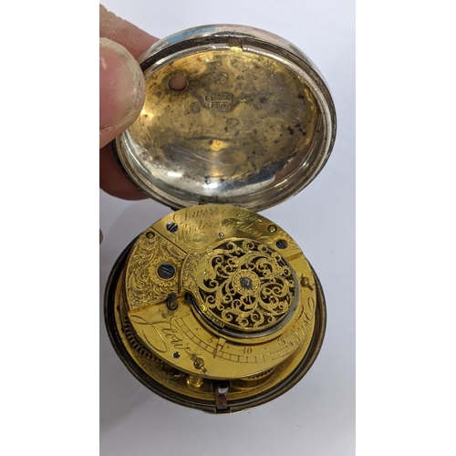 240 - A Georgian silver pair cased pocket watch, hallmarked London 1776, the outer cased hallmarked London... 