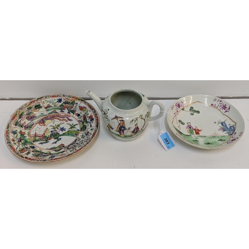 303 - Late 18th/early 19th century ceramics decorated in the oriental style to include a teapot with paint... 