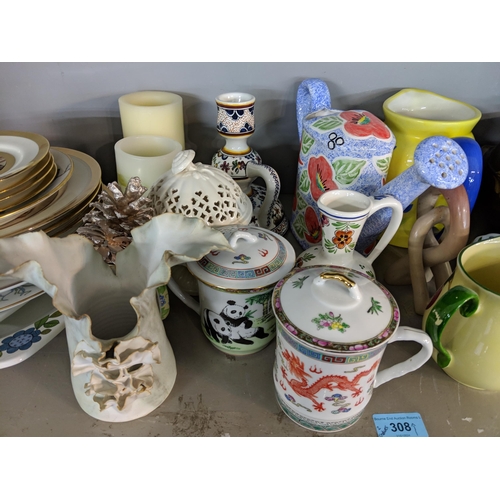 308 - A mixed lot to include pictures of steam locomotives, part Poole pottery coffee set, animal figures ... 