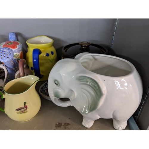 308 - A mixed lot to include pictures of steam locomotives, part Poole pottery coffee set, animal figures ... 