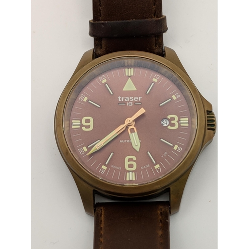 64 - A Traser H3 P67 officer pro automatic bronze gent wrist watch on a brown leather strap with its box
... 