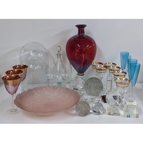 92 - Mixed glassware to include three dames etched wine glasses, large paper weight, large ruby glass vas... 