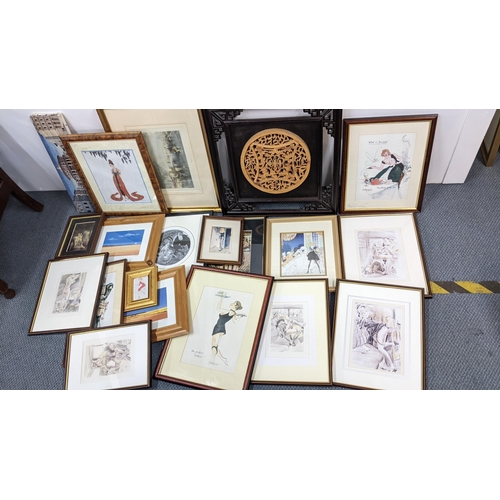 99 - Mixed pictures to include erotic prints, Chinese pierced carved panel and others Location:A1F