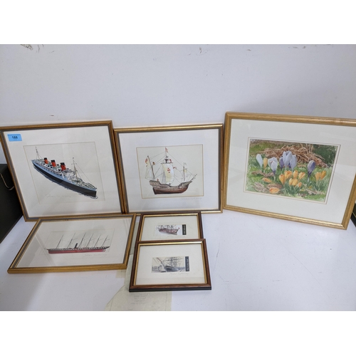 188 - John Young - The Cutty Sark/HMS Endeavour/Great Britain/Santa Maria and Queen Mary, mixed media draw... 