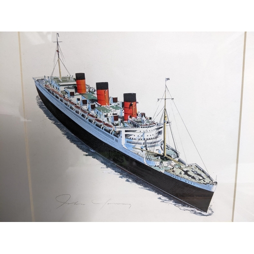 188 - John Young - The Cutty Sark/HMS Endeavour/Great Britain/Santa Maria and Queen Mary, mixed media draw... 