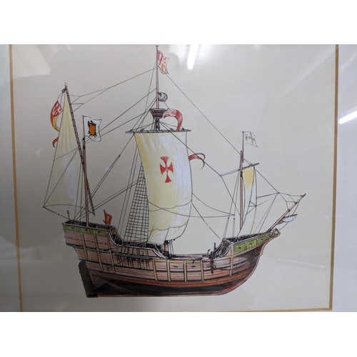 188 - John Young - The Cutty Sark/HMS Endeavour/Great Britain/Santa Maria and Queen Mary, mixed media draw... 