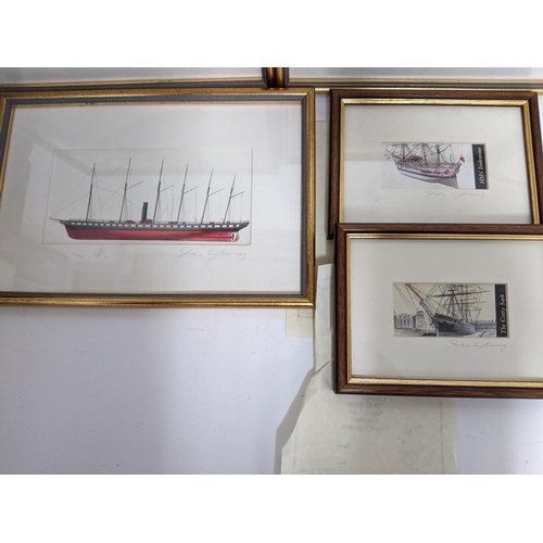 188 - John Young - The Cutty Sark/HMS Endeavour/Great Britain/Santa Maria and Queen Mary, mixed media draw... 