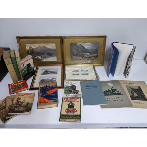 189 - A mixed lot of prints and books to include those on trains and aeronautics, along with a book on Hig... 