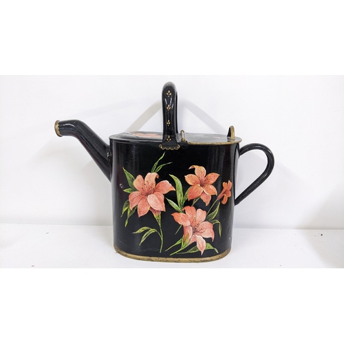 222 - A Victorian Toleware watering can painted with flowers, Location:RAB