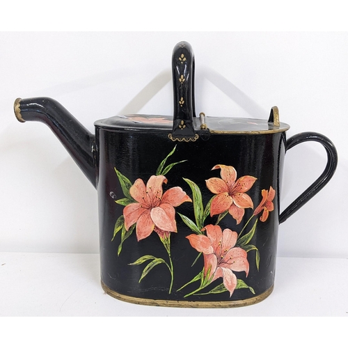 222 - A Victorian Toleware watering can painted with flowers, Location:RAB