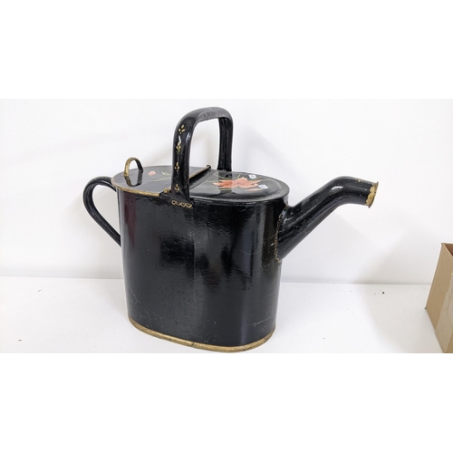 222 - A Victorian Toleware watering can painted with flowers, Location:RAB