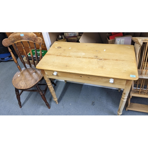 224 - Mixed furniture to include a Victorian pine side table, wall hanging rack and an elm seated penny ch... 