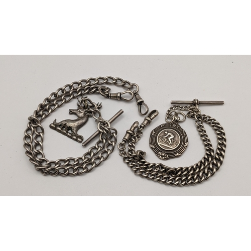 257 - Two silver pocket watch chains to include a curb link chain with a silver fog, 108.2g, Location:CAB1