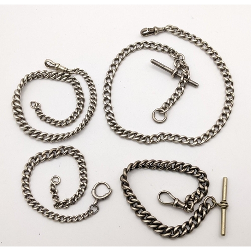 259 - Four Victorian silver curb link pocket watch chains, one having a silver plated E-bar, 99.2g, Locati... 