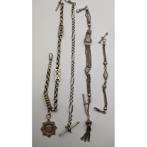 260 - A selection of white metal and silver plated pocket watch chains to include a fancy Albertina chain ... 