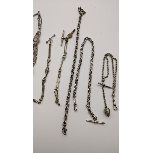 260 - A selection of white metal and silver plated pocket watch chains to include a fancy Albertina chain ... 