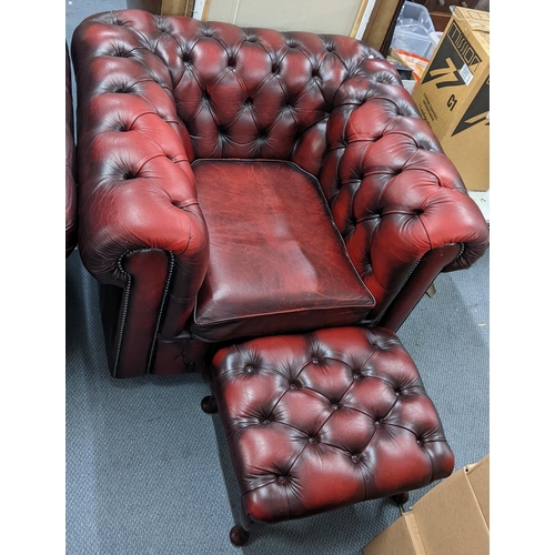 275 - A mid 20th century red leather Chesterfield armchair, 68h x 104w, with footstool, Location:A2M