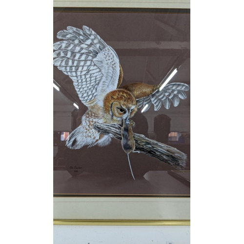 281 - Jill Fowler - a framed and glazed painting depicting an owl catching pray, along with a framed and g... 