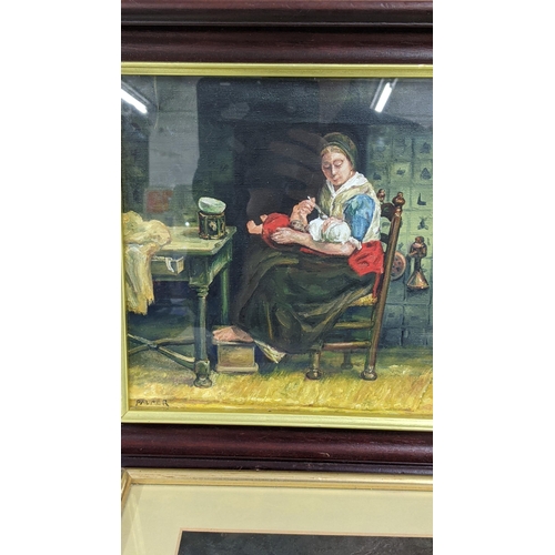 286 - Mixed framed and glazed pictures to include an oil painting depicting a lady feeding a baby, signed ... 