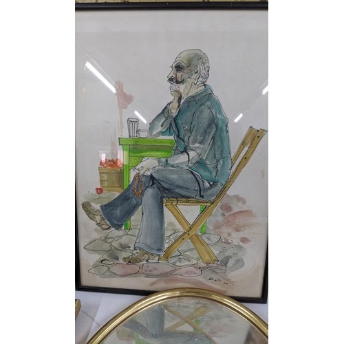 287 - Mixed framed and glazed pictures to include a work by Andre Ellis and a watercolour depicting a seat... 