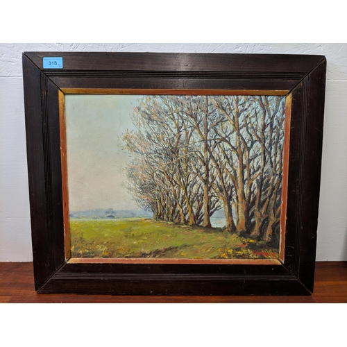 315 - Teesdale - landscape with trees and S Vermer - lake scene with three oil on boards, framed, Location... 