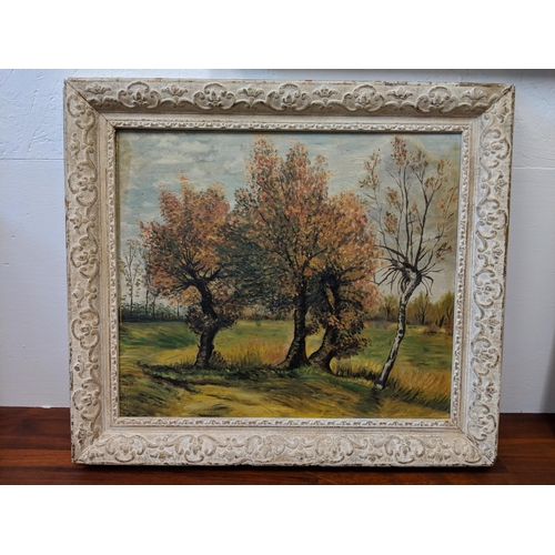 315 - Teesdale - landscape with trees and S Vermer - lake scene with three oil on boards, framed, Location... 