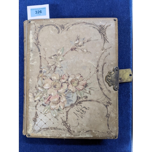 326 - Victorian pictorial leather bound photograph album, Location: G