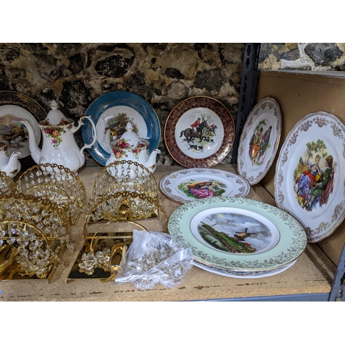 331 - A mixed lot to include two Royal Albert Country Roses teapots and a coffee pot, six gilt metal wall ... 