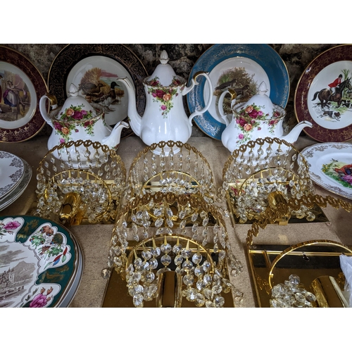 331 - A mixed lot to include two Royal Albert Country Roses teapots and a coffee pot, six gilt metal wall ... 