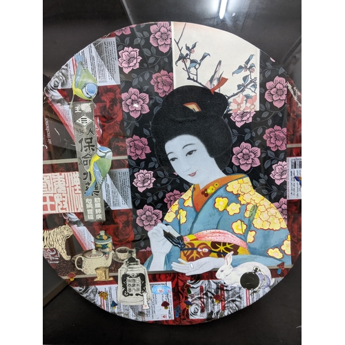 336 - A group of five framed and glazed decorative tin lids, enhanced with collage additions creating Japa... 