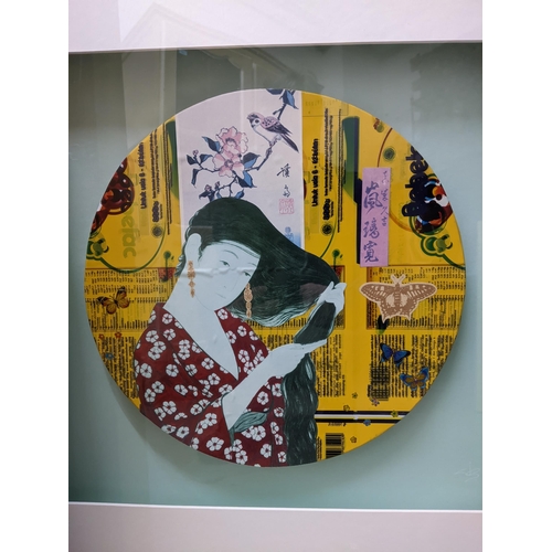 336 - A group of five framed and glazed decorative tin lids, enhanced with collage additions creating Japa... 