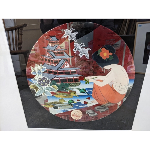 336 - A group of five framed and glazed decorative tin lids, enhanced with collage additions creating Japa... 