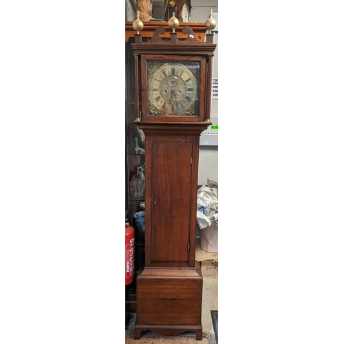 378 - An 18th century 8-day oak cased longcase clock having a brass dial with subsidiary seconds, dial, da... 