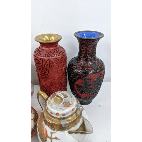 415 - Mixed oriental items to include three Japanese vases and others, along with two Cinnabar vases, Loca... 