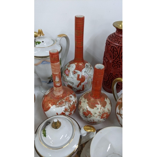 415 - Mixed oriental items to include three Japanese vases and others, along with two Cinnabar vases, Loca... 